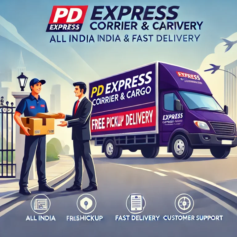 DALL·E 2025-03-19 17.07.06 - A professional courier service promotional image featuring a delivery van with 'PD Express Courier & Cargo' branding. A courier in uniform is handing